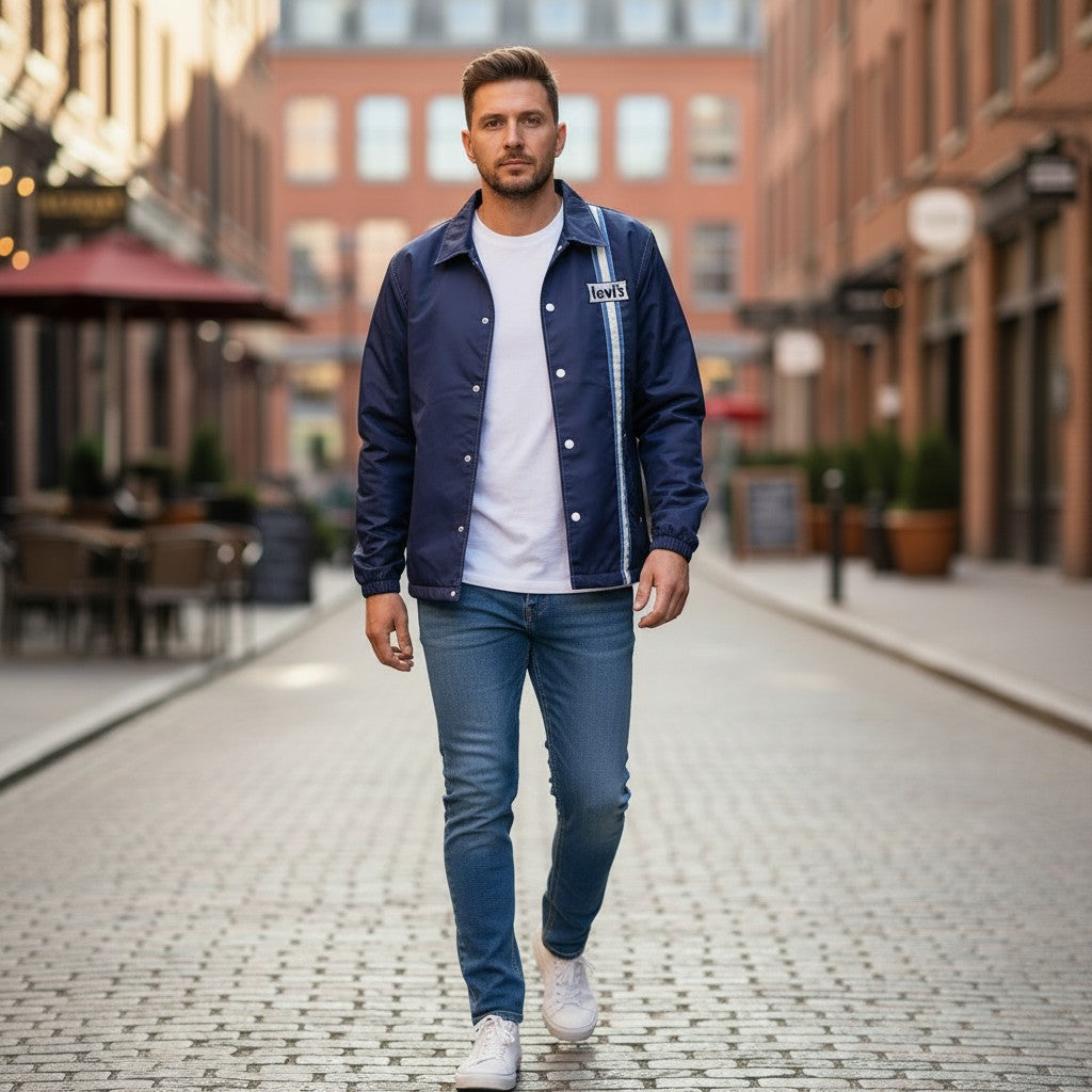 Throwback Rack: Navy blue Levi's Merritt Surf windbreaker with white t-shirt and blue jeans. Features striped detailing on the side.