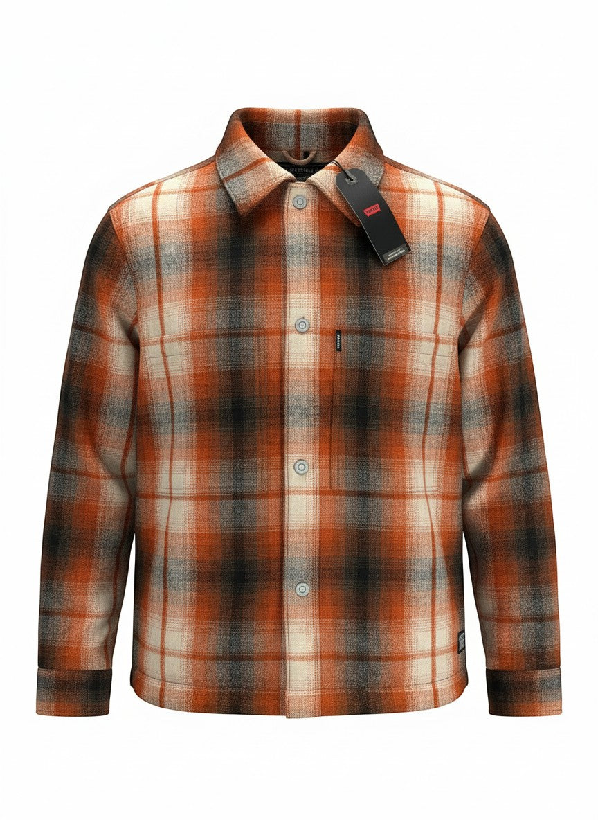 Throwback Rack Levi’s Plaid Wool Portola Jacket in orange, cream, black, and grey plaid. Features button closure and chest pocket.