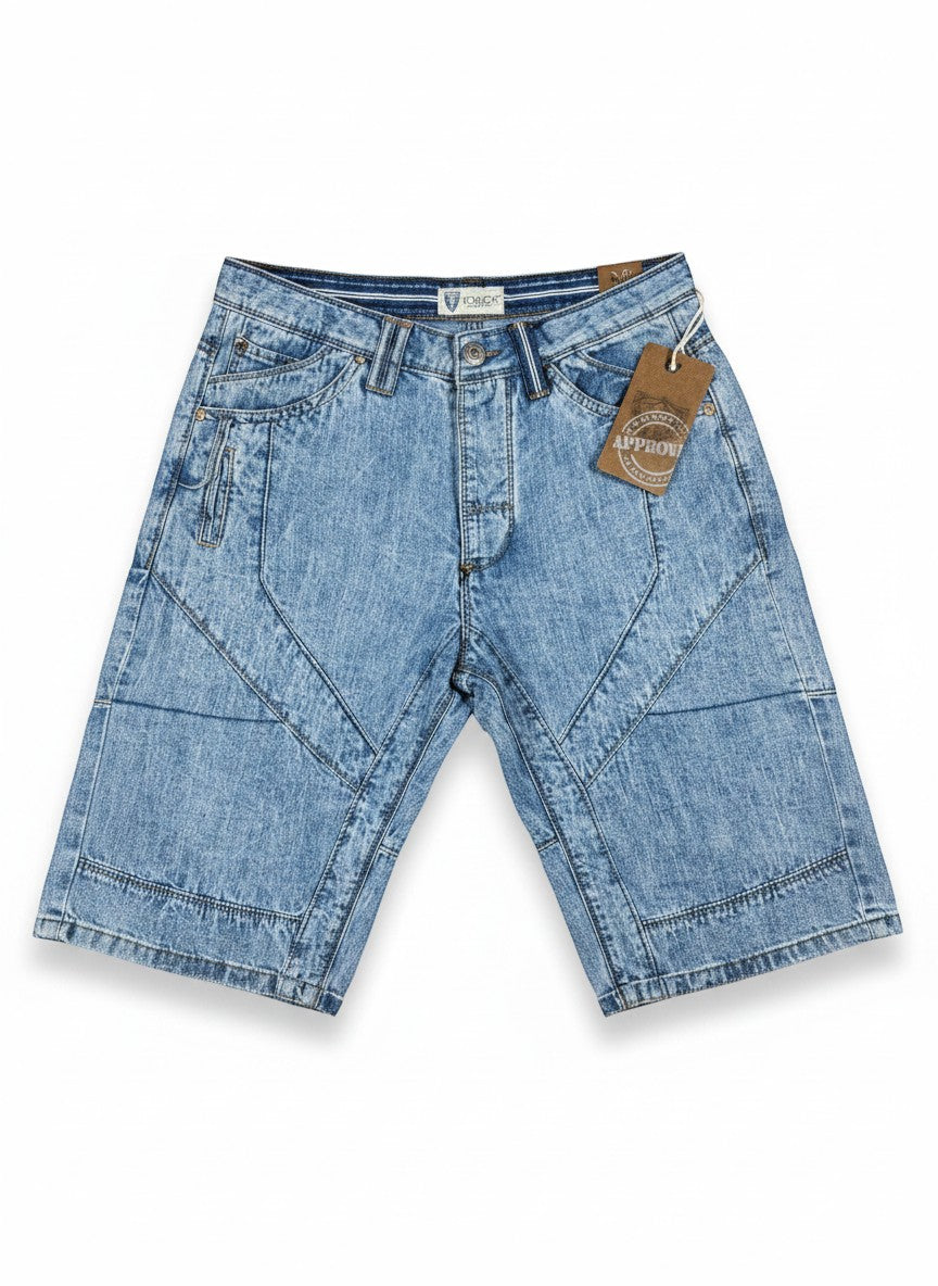 Throwback Rack light wash denim jorts with a 12-inch inseam and unique panel stitching. Brand new with tags.