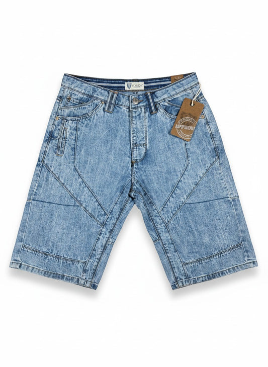 Throwback Rack light wash denim jorts with a 12-inch inseam and unique panel stitching. Brand new with tags.