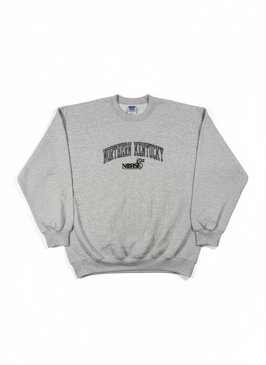Throwback Rack grey crewneck sweatshirt with Northern Kentucky Norse logo. Vintage, comfortable fit.