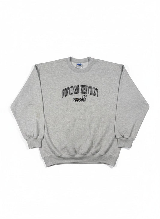 Throwback Rack grey crewneck sweatshirt with Northern Kentucky Norse logo. Vintage, comfortable fit.