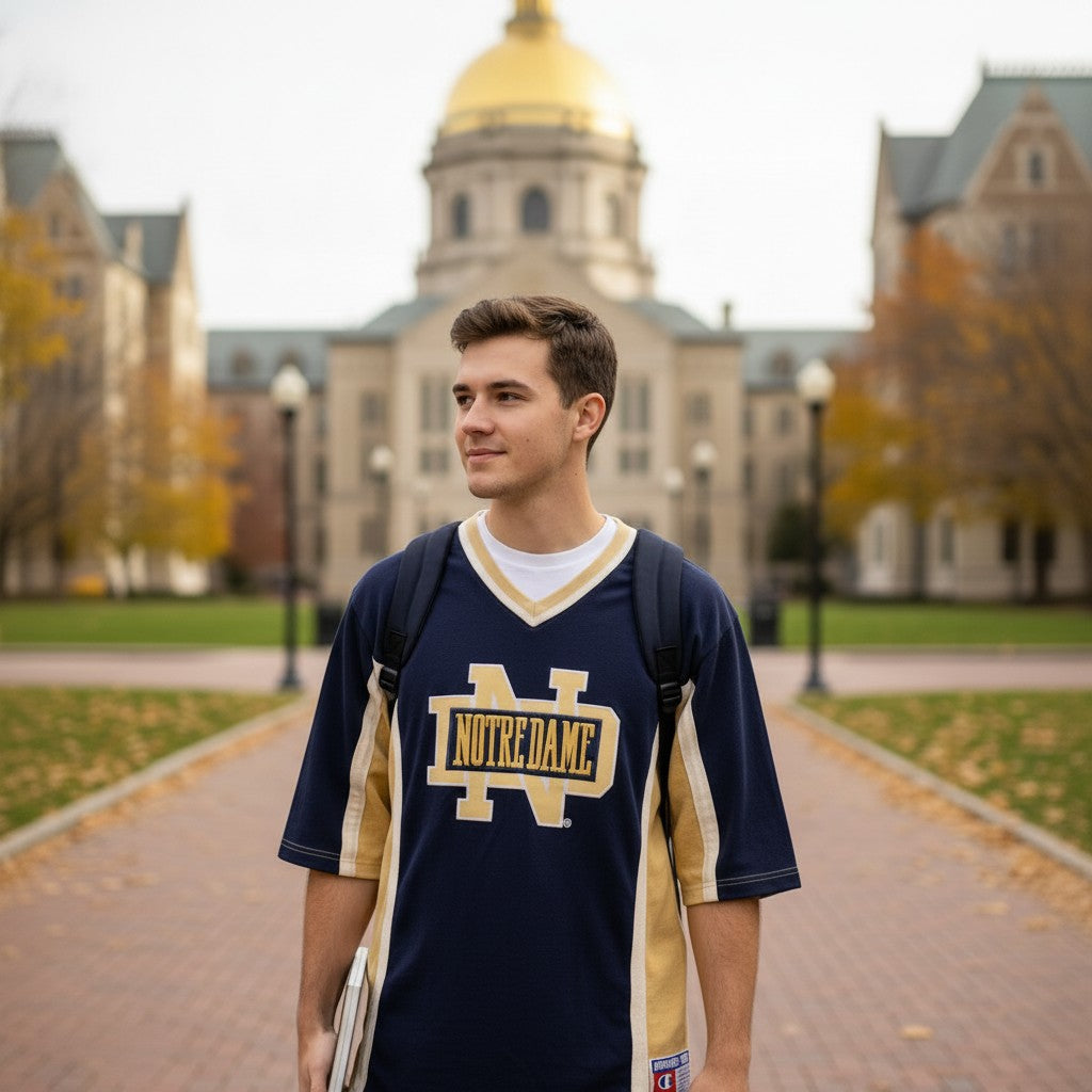 Throwback Rack navy blue long-sleeve Notre Dame Champion shirt with gold accents. A young man wears it over a white t-shirt.