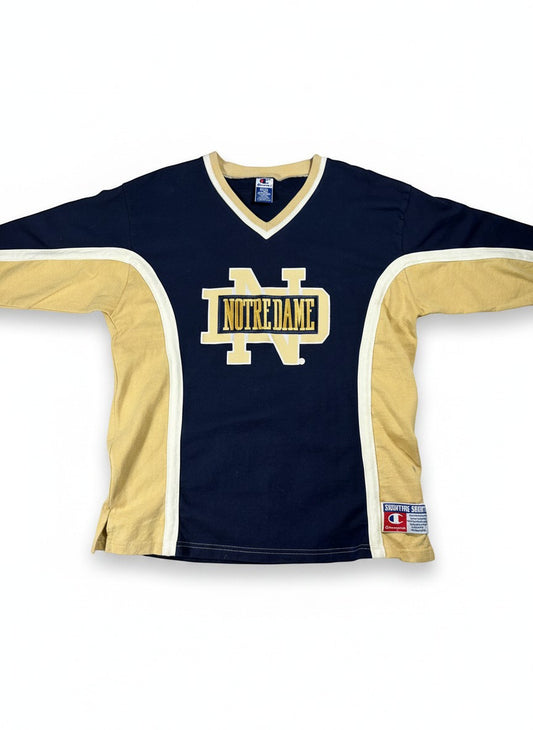Throwback Rack navy and gold long-sleeve Champion shirt with Notre Dame logo on chest, size L.
