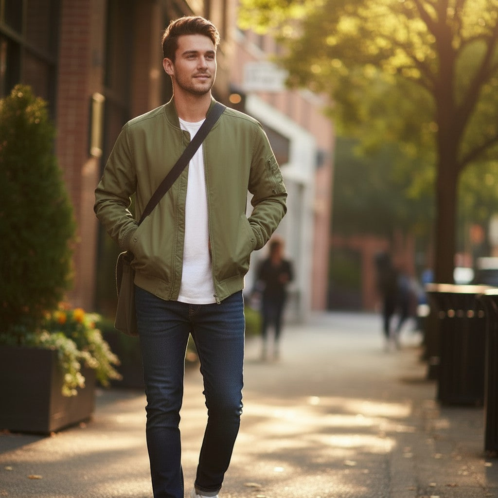 Throwback Rack: Men's olive green Levi's Bayview bomber jacket with white t-shirt and dark wash jeans.