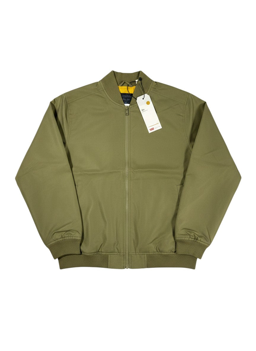 Throwback Rack olive green Levi's Bayview bomber jacket with yellow lining and zip closure. Features ribbed cuffs and hem.