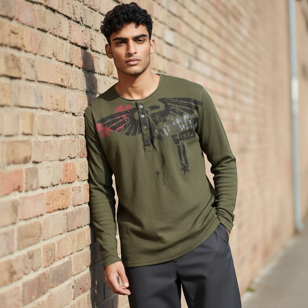 Throwback Rack olive green Y2K thermal long sleeve shirt with eagle graphic and distressed details.