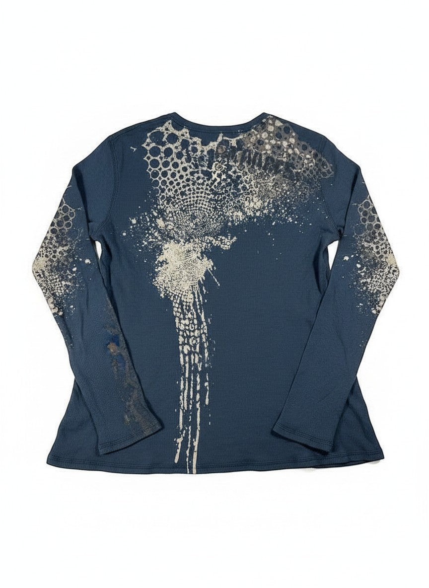 Throwback Rack Pollution blue Y2K thermal long sleeve shirt with distressed graphic print on back and sleeves.