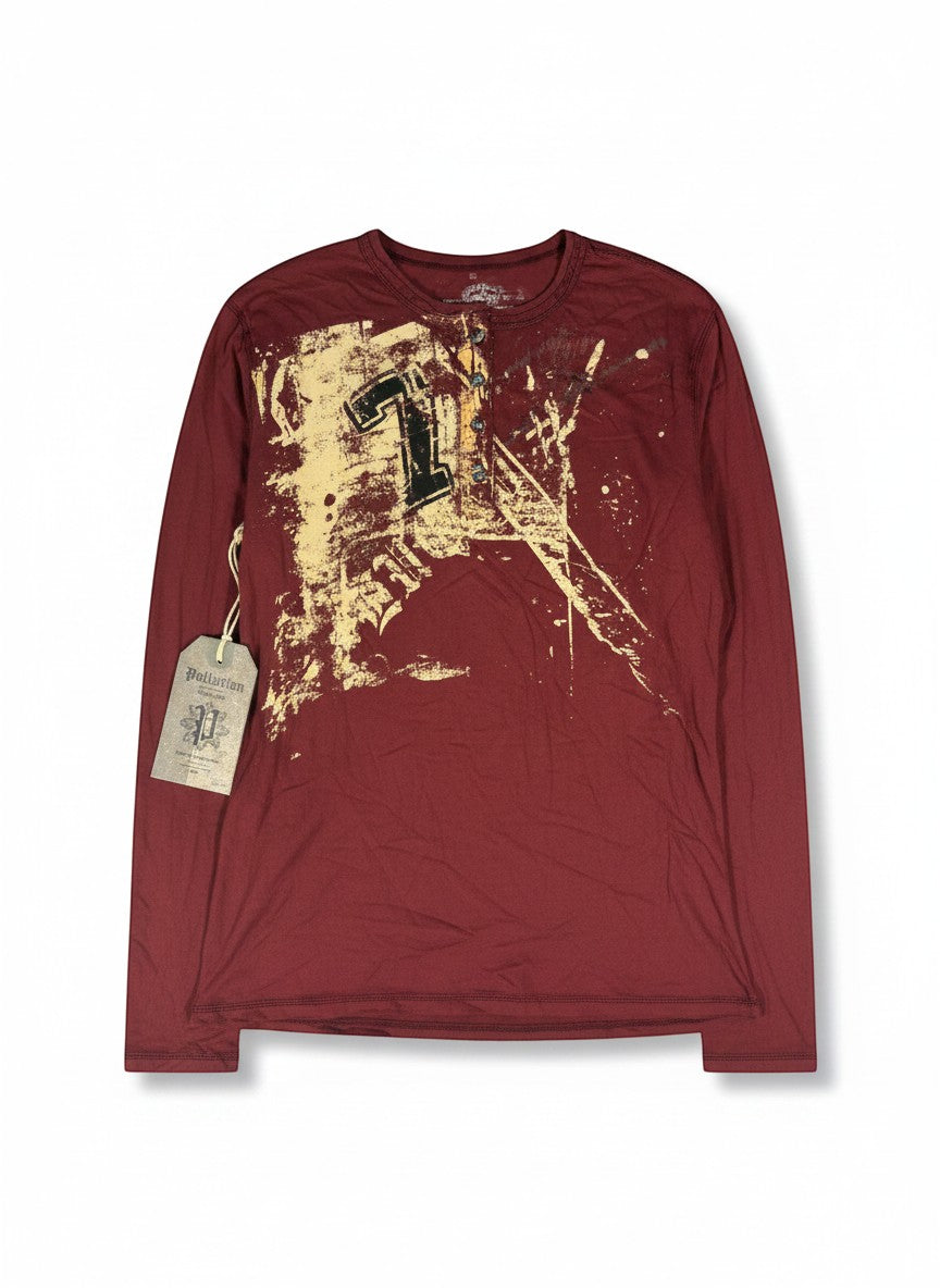 Throwback Rack red long sleeve shirt with quarter button up, distressed graphic print and number 1 detail.
