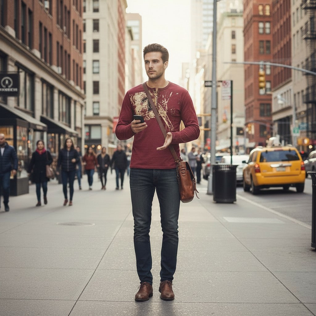 Throwback Rack men's maroon long sleeve shirt with quarter button up and distressed graphic detail.