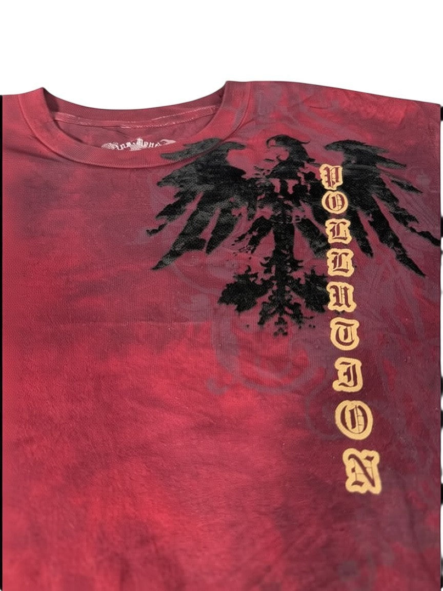 Throwback Rack red tie-dye t-shirt with black velvet eagle graphic and vertical "POLLUTION" text.