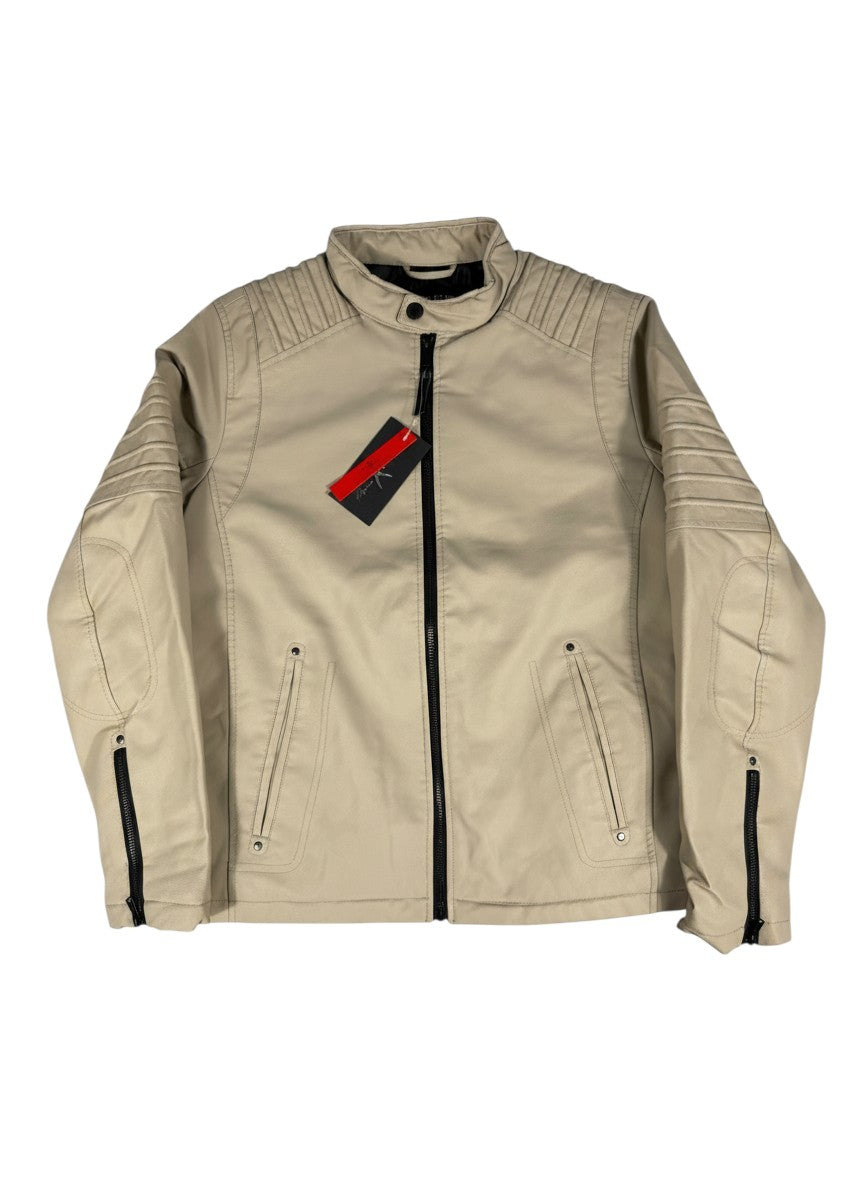 Throwback Rack Marc Ecko tan faux leather moto jacket with zippered cuffs and quilted shoulder details.