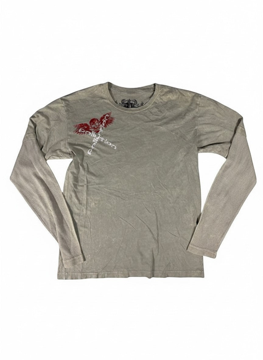 Throwback Rack taupe long sleeve shirt with distressed graphic of a winged skull and "Pollution" text. Features a mesh underlayer on the sleeves.