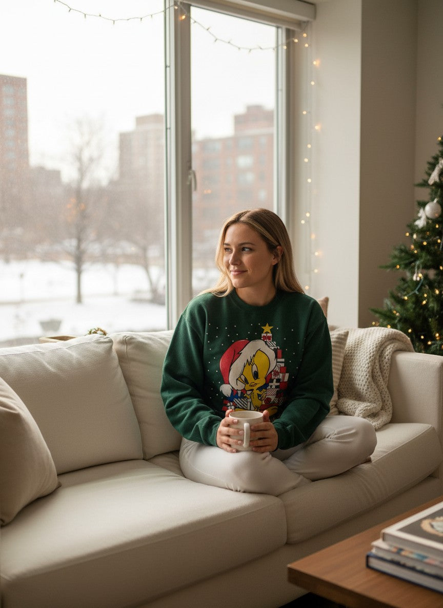Throwback Rack green vintage Christmas sweatshirt with Tweety Bird graphic, crew neck, long sleeves, relaxed fit.