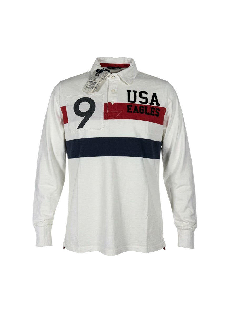 Throwback Rack USA Canterbury white long-sleeve rugby polo shirt with navy and red stripes, "USA EAGLES" text, and "9" graphic.