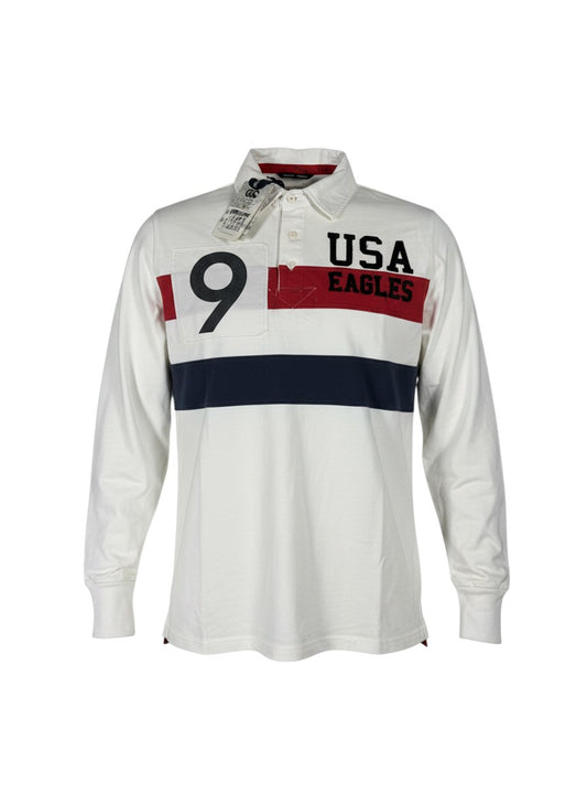 Throwback Rack USA Canterbury white long-sleeve rugby polo shirt with navy and red stripes, "USA EAGLES" text, and "9" graphic.