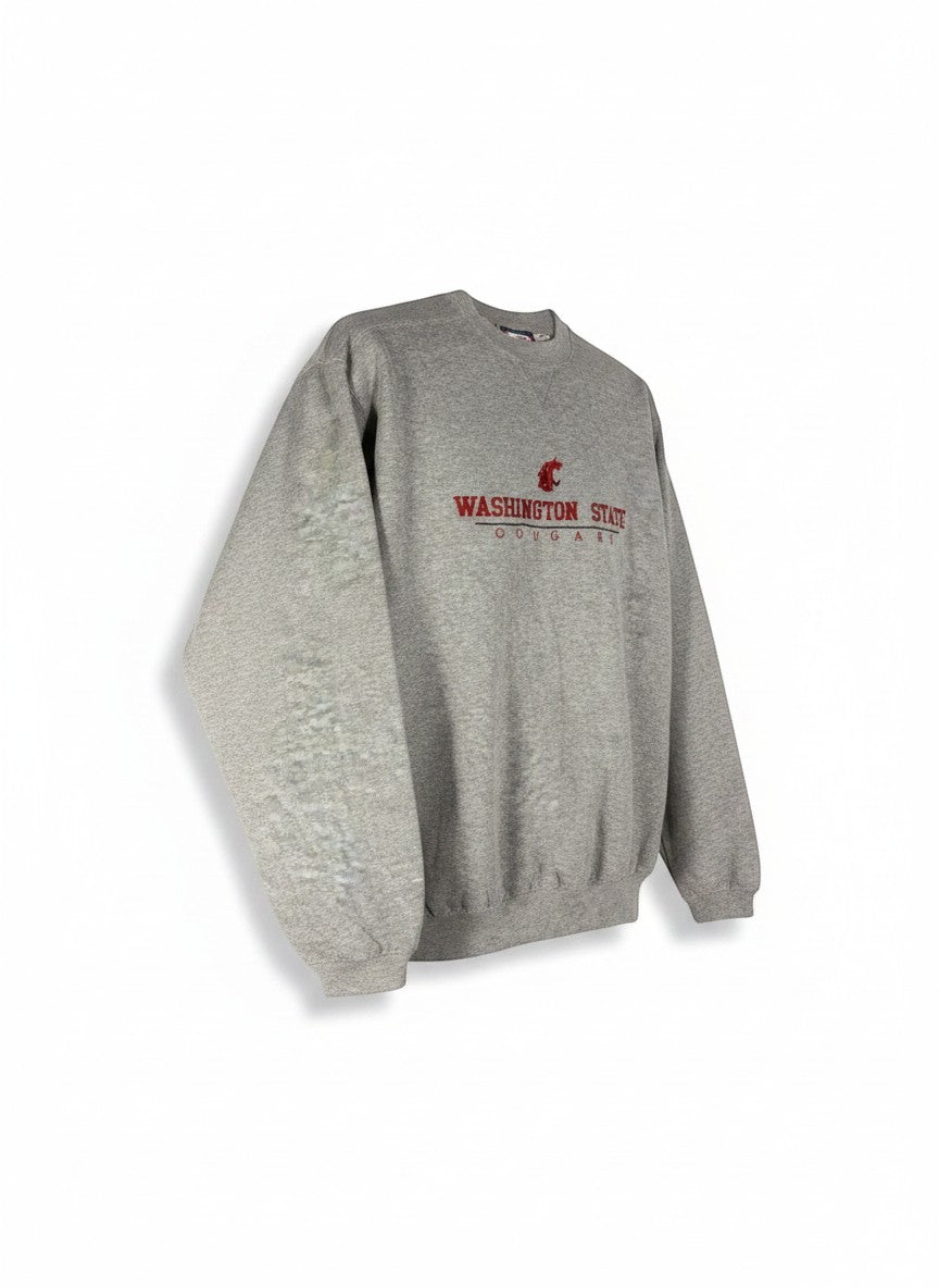 Throwback Rack grey Washington State Cougars crewneck sweatshirt with embroidered logo. Classic vintage athletic wear.