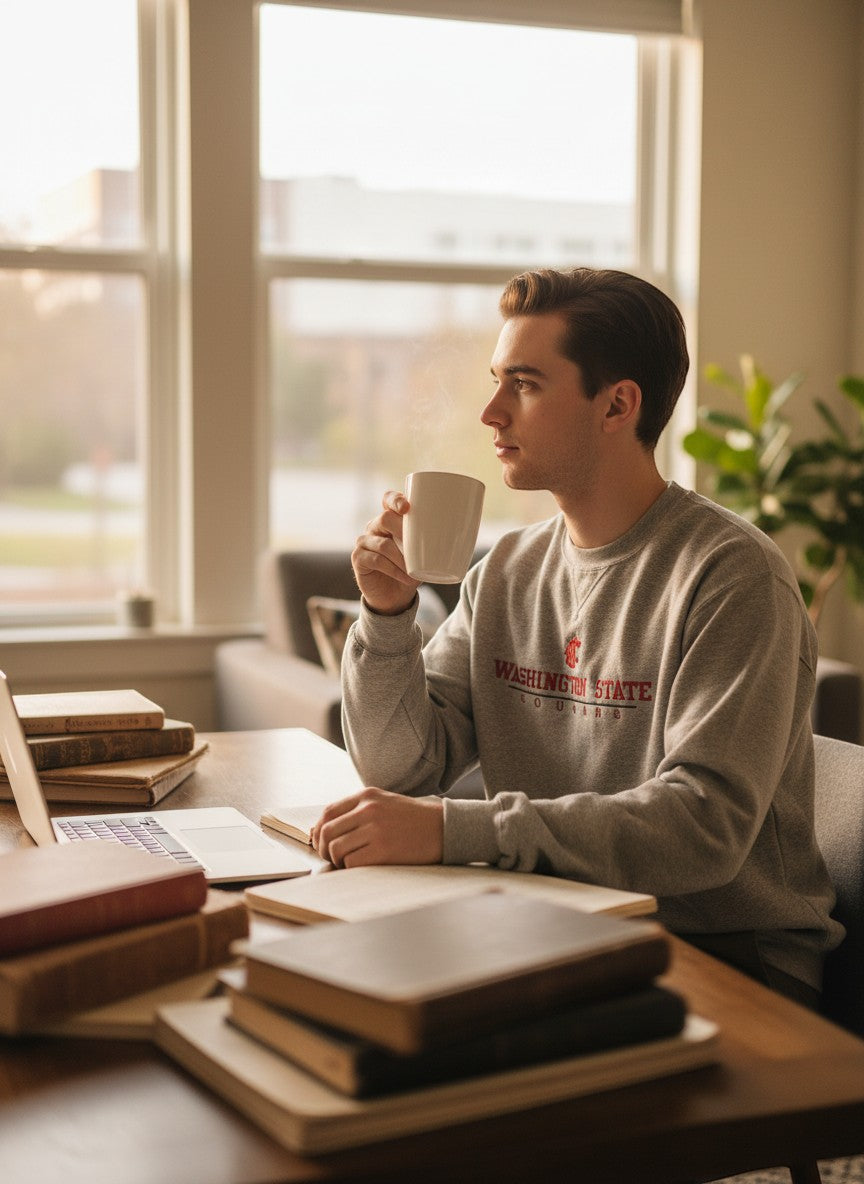 Throwback Rack grey Washington State University crewneck sweatshirt with maroon text and logo. Model is drinking coffee at a desk.