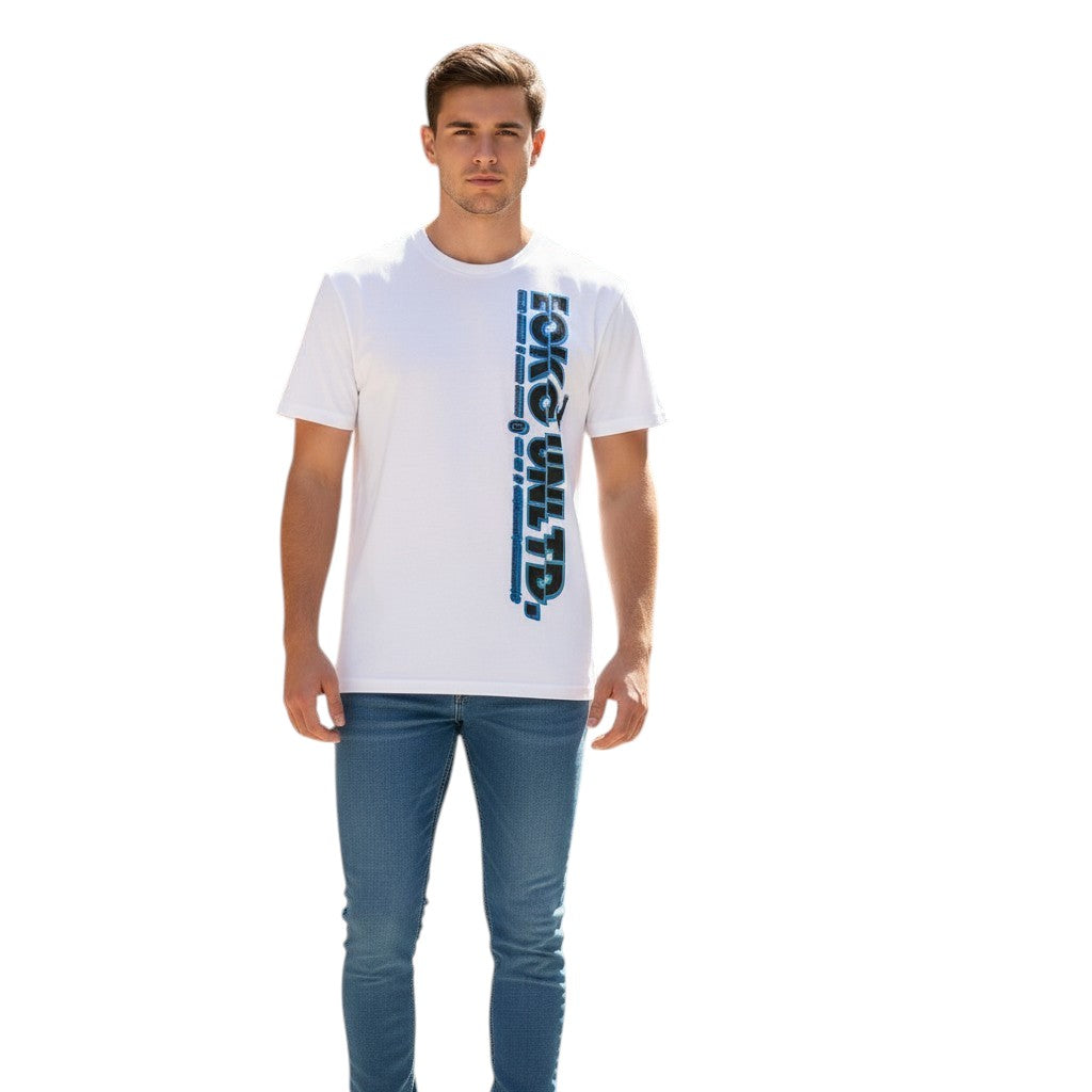Throwback Rack white Ecko UNTLD t-shirt with blue vertical logo graphic. Model wears size M.