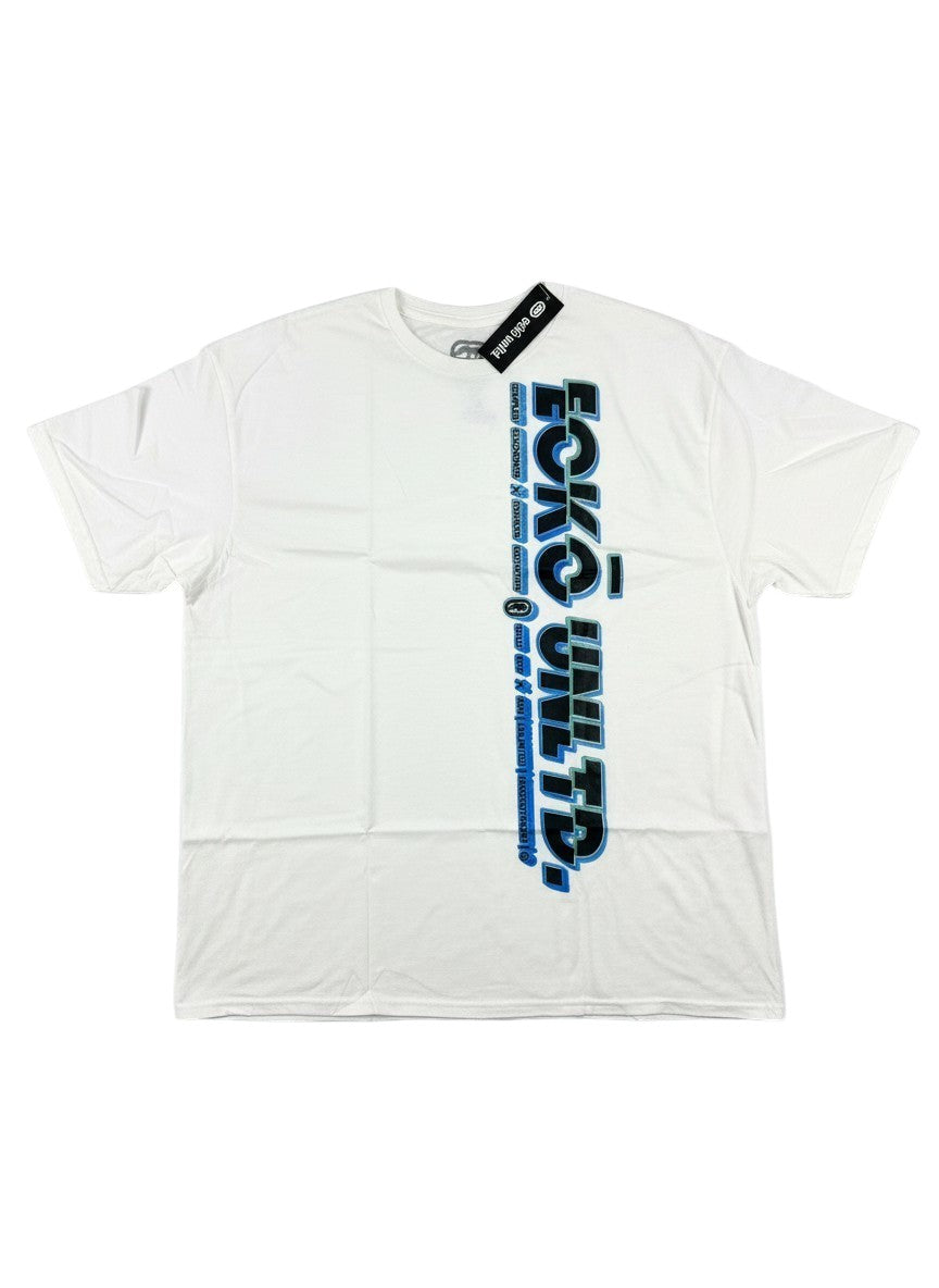 Throwback Rack white cotton Ecko UNTLD t-shirt with blue vertical logo graphic and rhino emblem. Short sleeves, crew neck.