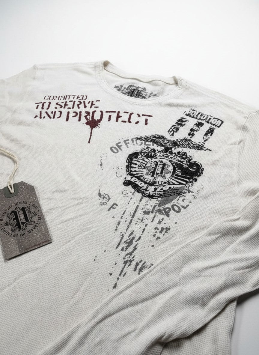 Throwback Rack white Y2K thermal long sleeve shirt with distressed graphic print and "Committed to Serve and Protect" text.